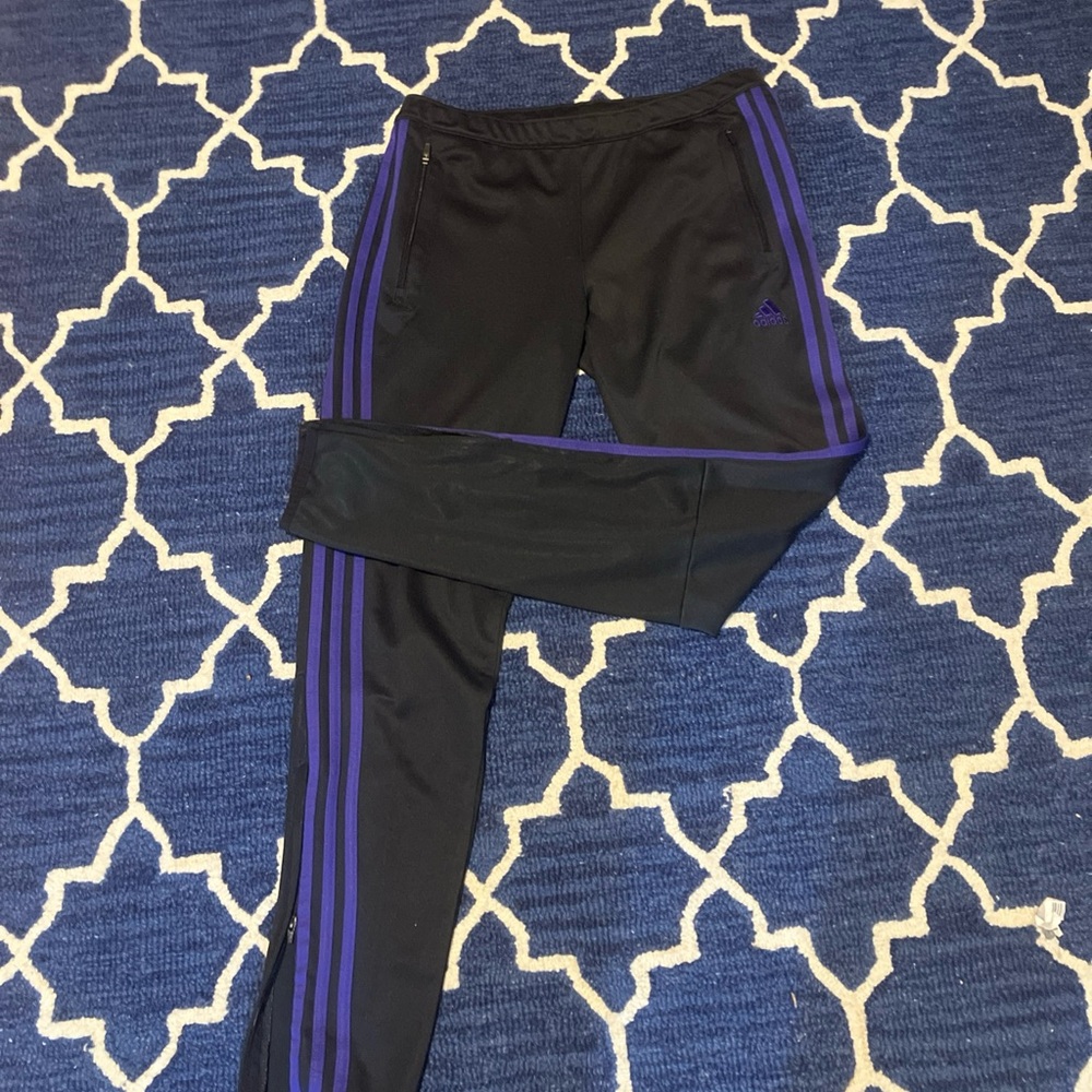 Adidas Track Pants Womens M Black Purple Striped Athletic Jogger Activewear